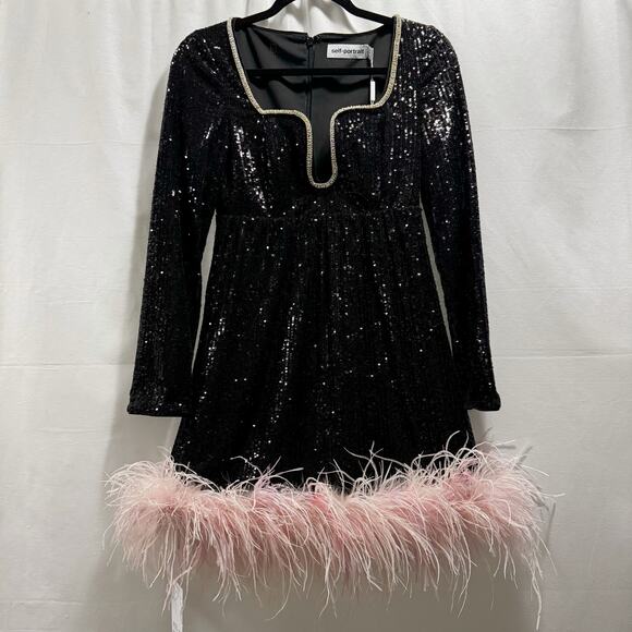 Self Portrait Black Sequin Feather Mini Dress Size 0 | Long Sleeve Party Dress - Picture 2 of 8